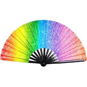 Marrywindix Rainbow Rave Hand Fan Large Folding Glitter Pride Clack Handheld Fan for for Line Dancing Festivals Performance Rainbow Outfits Disco Party Parade Wedding Home Decoration Gift
