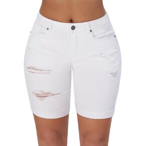 roswear Women's High Waisted Stretchy Ripped Cuffed Bermuda Denim Jean Shorts