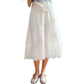 Women's White Cotton Bohemian Long Skirt, Elastic High Waist Eyelet Embroidered Lace Summer Beach Tiered Midi Dress
