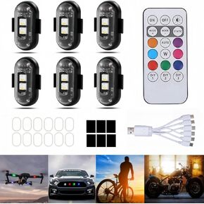 6PCS Wireless LED Strobe Lights with Remote Control, Wireless LED Warning Lights 8 Colors USB Charge IP65 Waterproof Anti-Collision, for Car Interior Motorcycle Bike Drone Car Truck RC Aircraft