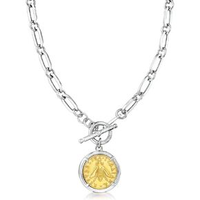 Ross-Simons الفضة الإسترليني الإيطالية والذهب 18 كيلو بايت على Sterling Replica Bumblebee Lira Coin Paper Clip Netclace Netglace Netclace