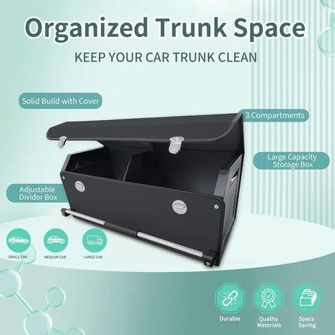 XCF Car Organizer Trunk, Durable Collapsible Leather Trunk Organizer with Lid and Sturdy Handle, Auto Cargo Storage Compartments, SUV/Car Accessories for Men/Women (11.4 x 27 x 12.2, Black) in Saudi Arabia