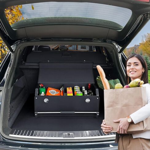 XCF Car Organizer Trunk, Durable Collapsible Leather Trunk Organizer with Lid and Sturdy Handle, Auto Cargo Storage Compartments, SUV/Car Accessories for Men/Women (11.4 x 27 x 12.2, Black) in Saudi Arabia