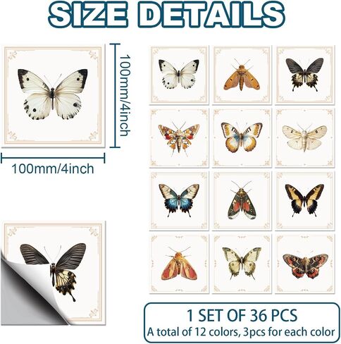 CHGCRAFT 36pcs 12 Styles Vintage Butterfly Moth Tile Stickers Waterproof Tile Stickers Square with Flower Pattern for Kitchen Bathroom Bedroom Wall Fireplace Floor Decoration, 3.94×3.94inch in Saudi Arabia