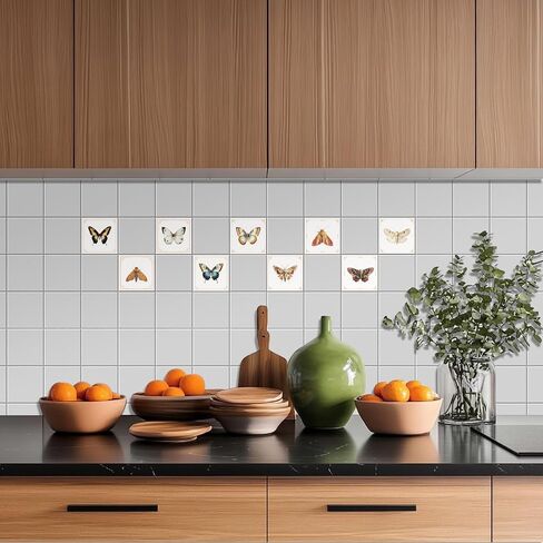 CHGCRAFT 36pcs 12 Styles Vintage Butterfly Moth Tile Stickers Waterproof Tile Stickers Square with Flower Pattern for Kitchen Bathroom Bedroom Wall Fireplace Floor Decoration, 3.94×3.94inch in Saudi Arabia