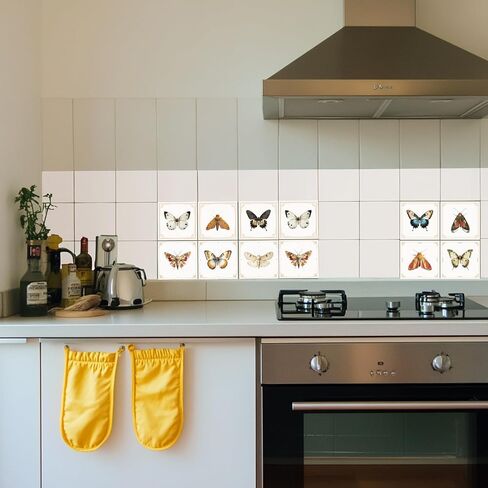 CHGCRAFT 36pcs 12 Styles Vintage Butterfly Moth Tile Stickers Waterproof Tile Stickers Square with Flower Pattern for Kitchen Bathroom Bedroom Wall Fireplace Floor Decoration, 3.94×3.94inch in Saudi Arabia