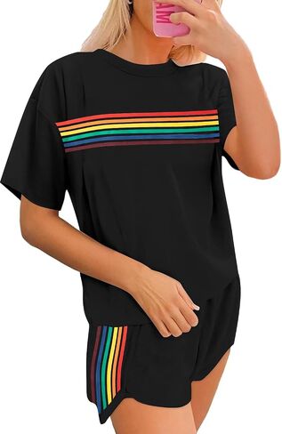 MyHalf Womens 2 قطعة قصيرة مجموعات الصيف قمصان قوس قزح Stripes 2025 قطعة صالة من قطعتين مطابقة in Saudi Arabia