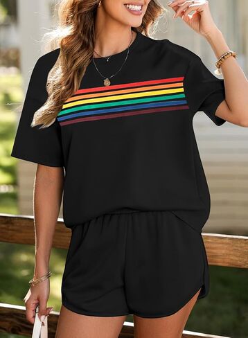 MyHalf Womens 2 قطعة قصيرة مجموعات الصيف قمصان قوس قزح Stripes 2025 قطعة صالة من قطعتين مطابقة in Saudi Arabia