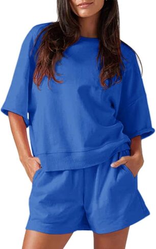 ملابس Fisoew Womens 2 قطعة من البلوزات الضخمة ذات الحجم الكبير والخصر العالي مجموعات مقاطع شورت شورت in Saudi Arabia