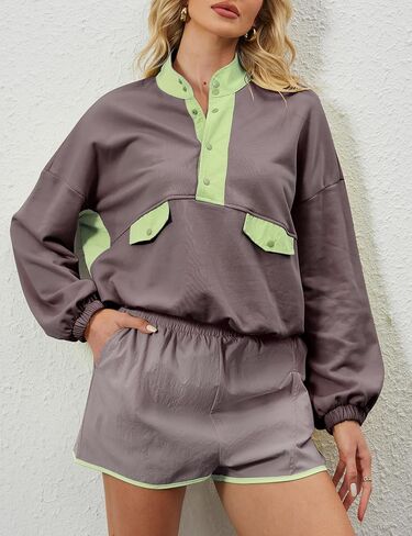 Womens 2 قطعة قصيرة مجموعات بلوك فضفاضة بلوك بلوك مجموعة قصيرة وصيف الأكمام طويلة الأكمام. in Kuwait