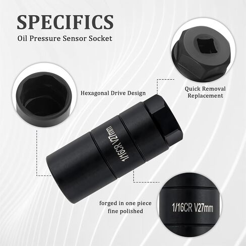 Oil Pressure Sensor Socket,Hexagonal Drive-27mm Socket Socket for Removing Oil Sending Unit,Heavy Duty Chrome Molybdenum Steel 1 1/16 Socket Fits 3/8" Drive,1 1/8" Hex Wrench (Black) in Kuwait