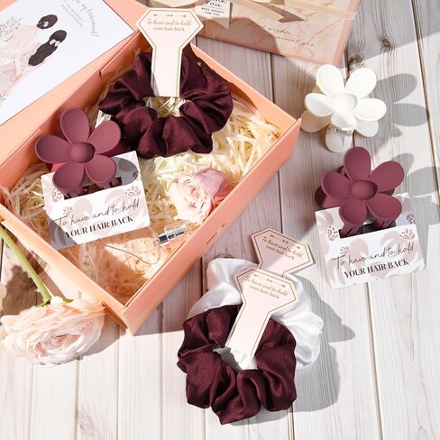 DEEKA 16 Pcs Bridesmaid Proposal Gifts Set Flower Hair Claw Clips with Floral Card & Satin Scrunchies Proposal Box Bridal Party Gift Bridesmaids Bachelorette Party Favors (White&Burgundy) in Saudi Arabia