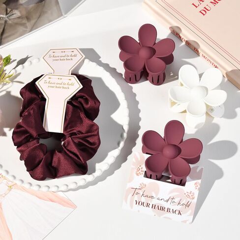 DEEKA 16 Pcs Bridesmaid Proposal Gifts Set Flower Hair Claw Clips with Floral Card & Satin Scrunchies Proposal Box Bridal Party Gift Bridesmaids Bachelorette Party Favors (White&Burgundy) in Saudi Arabia