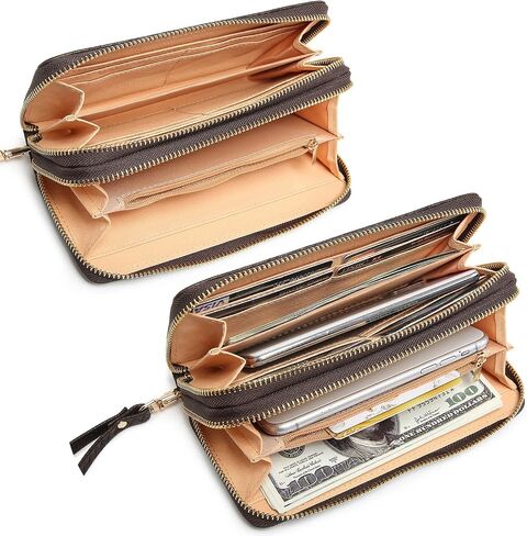 MKP COLLECTION Womens Fashion Double Zip Around Wallet Long Purse Credit Card Holder Bifold Ladies Cluth Wristlet Wrist Strap in Kuwait
