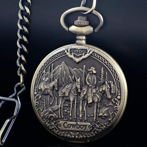 Tiong Vintage Pocket Watch Engraved Cowboy Skull Wolf 3D Pattern Arabic Numerals Quartz Pocket Watch with Chain Best Gifts in Saudi Arabia