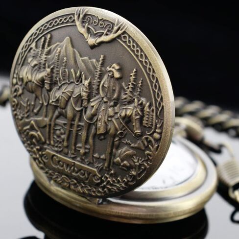 Tiong Vintage Pocket Watch Engraved Cowboy Skull Wolf 3D Pattern Arabic Numerals Quartz Pocket Watch with Chain Best Gifts in Saudi Arabia