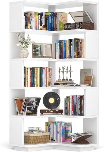 Armocity Corner Book Shelf - 6 Tier Corner Bookshelf Bookclase etagere مع الحرس ، ورفع رف على شكل قائم بذاته لمكتب منزلي ، وغرفة معيشة ، وغرفة نوم ، ومطبخ ، وأبيض in Kuwait