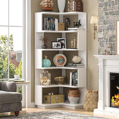 Armocity Corner Book Shelf - 6 Tier Corner Bookshelf Bookclase etagere مع الحرس ، ورفع رف على شكل قائم بذاته لمكتب منزلي ، وغرفة معيشة ، وغرفة نوم ، ومطبخ ، وأبيض in Kuwait