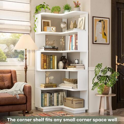 Armocity Corner Book Shelf - 6 Tier Corner Bookshelf Bookclase etagere مع الحرس ، ورفع رف على شكل قائم بذاته لمكتب منزلي ، وغرفة معيشة ، وغرفة نوم ، ومطبخ ، وأبيض in Kuwait