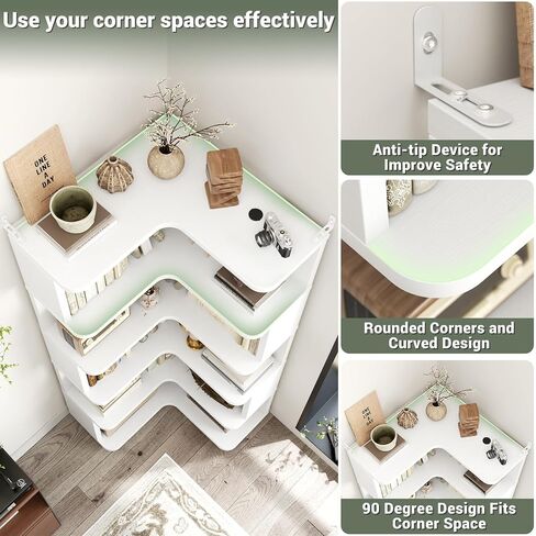 Armocity Corner Book Shelf - 6 Tier Corner Bookshelf Bookclase etagere مع الحرس ، ورفع رف على شكل قائم بذاته لمكتب منزلي ، وغرفة معيشة ، وغرفة نوم ، ومطبخ ، وأبيض in Kuwait