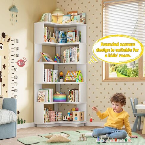 Armocity Corner Book Shelf - 6 Tier Corner Bookshelf Bookclase etagere مع الحرس ، ورفع رف على شكل قائم بذاته لمكتب منزلي ، وغرفة معيشة ، وغرفة نوم ، ومطبخ ، وأبيض in Kuwait
