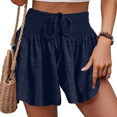 TCHH-DayUp Women Linen Shorts High Waisted Flowy Casual Shorts Wide Leg Summer Beach Lounge Shorts Comfy Cute Elastic Shorts in Saudi Arabia