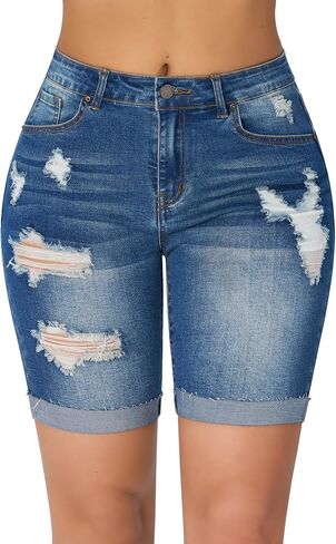 roswear Women's High Waisted Stretchy Ripped Cuffed Bermuda Denim Jean Shorts in Saudi Arabia