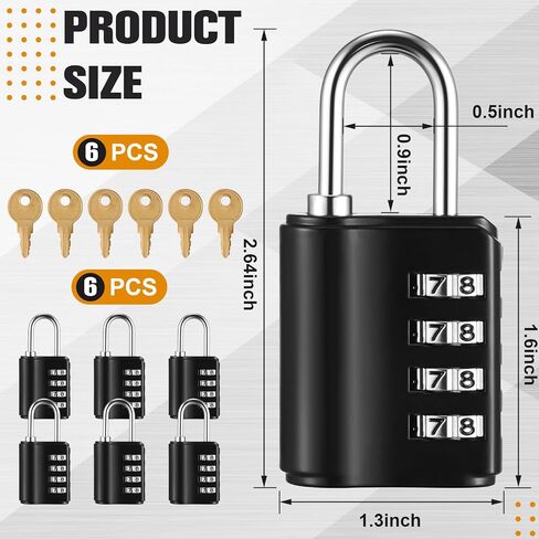 Zonon 6 PCS Lock & Key Lock ، قفلات أسود مقاومة للماء للأمتعة ، السفر ، خزانة صالة رياضية ، مدرسة ، صندوق الأدوات ، السياج ، بوابة ، وصول مزدوج الحالة (المفتاح أو المزيج) in Kuwait