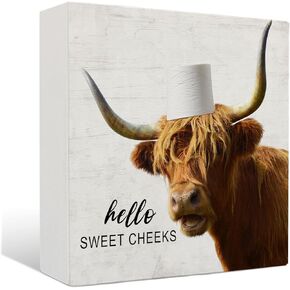 Highland Cow Bathroom Decor - Hello Sweet Cheeks Bathroom Decor, Rustic Western Highland Cow Wood Sign, 5 X 5 Inches