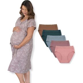Kindred Bravely Labor and Delivery Gown (Lilac Bloom) & Postpartum Panty 5-Pack Bundle (Assorted, Medium)
