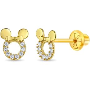 14k Yellow Gold Cubic Zirconia Encrusted Mouse Safety Screw Back Earrings For Toddlers and Little Girls - Small Glimmering Mouse Head earrings For Young Girls