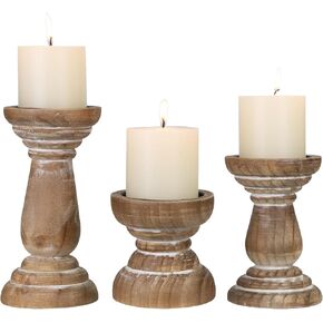 Candle Holder for Pillar Candle Set of 3, Farmhouse Wood Candle Holder, Rustic Wooden Candle Stand, Vintage Small Wooden Candlestick HoldersDecorative for Living Room, Table Centerpiece (Brown)