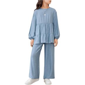 Oyoangle Girl's 2 قطعة Bishop Long Sleeve Beplum Peplum Top and Wide Leg Pants مجموعة عطلة
