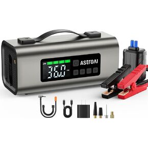 Astroai Portable Car Jump Starter مع ضاغط الهواء ، 150ppsi 1750a حزمة بطارية بطارية بطارية مع نفخ الإطارات اللاسلكية (7.5 غاز/5.0 لتر ديزل) ، صندوق قفزة 12 فولت ، شاشة LCD كبيرة ، أضواء