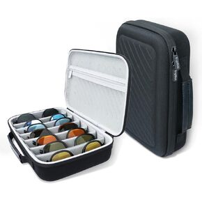 Travel Sunglasses Organizer Case, Portable Eyeglasses Storage Box, Adjustable Multi-Compartments & Crushproof Design, Holds Up to 7 Pairs, Eyewear Display Case for Men Women
