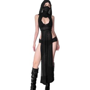 Rave Costume Women Streetwear Sexy High Split Hooded Dress Festival Rave Outfits Black Dress Cover Ups