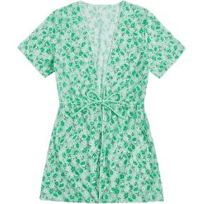 Milumia Girl's Tropical Print Cover Ups Short Sleeve Tie Front Kimonos Swimwear