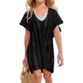Exarus Girls Crochet Swim Cover Up Short Sleeve v Neck/Crewneck Swimsuit Summer Boho Hollow Out Beach Short