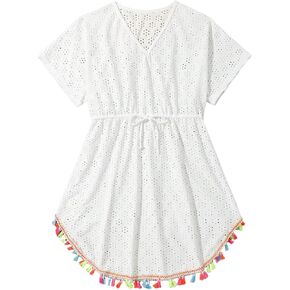 Gorglitter Girl's Cute Swimsuits Crocket Beach Cover Cover Short Sleeve V Neck Fringe Coverups ملابس السباحة