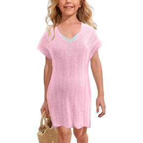 Girls Cut Out Crochet Coverup V Neck Short Sleeve Beach Dress Summer Swimwear Beachwear for 4-13Y
