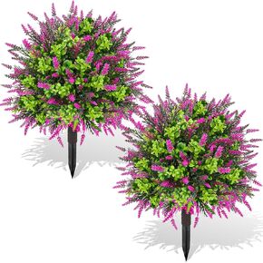 Artificial Topiary Lavender Ball Tree Outdoor Plants with Ground Spike 22"- UV Resistant Faux Shrubs, Eucalyptus Fake Plants for Indoor & Garden, Yard, Porch, Patio Decor-Pink
