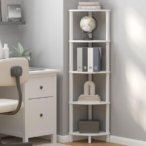 Corner Shelf, 5-Tier Corner Bookshelf, Industrial Corner Ladder Shelf, Modern Display Shelf for Living Room, Bedroom, Kitchen, Home Office, White UJSJ001W