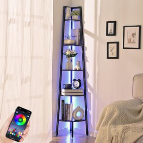 Waipfaru Corner Shelf, 5-Tier Corner Bookshelf with LED Light, 67.5in Corner Shelves for Bedroom, Tall Standing Shelf with Steel Frame, Storage Shelves for Office Living Room