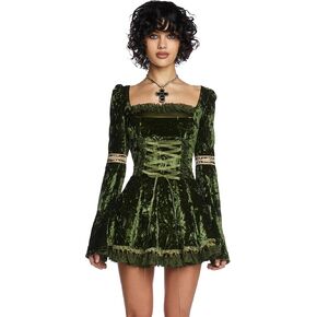 دمى تقتل الأساطير N 'Legends Mini Dress by Mood Mood-Green Velor Dress with Lace-Up Front and Puff Sister