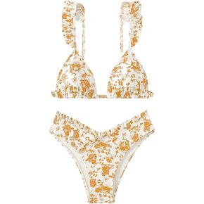 Women's 2 Piece Bikini Sets High Cut Ruffle Trim Triangle Floral Bathing Suit Wireless Tie Back Swimsuit