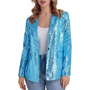 Women's Sequin Suit Jacket Open Front One Button Long Sleeve Blazers Party Sparkly Cardigan Coat with Pockets