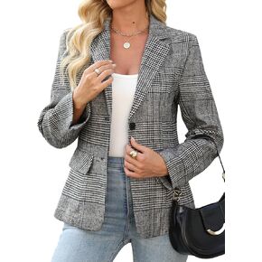 Womens Houndstooth Plaid 2 Button Blazer Jacket Notch Lapel Business Casual Long Sleeve Office Blazer