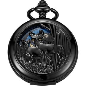 Tiong Black Hollow Double Deer Design Pattern Design Mechanical Pocket Watch, Men's Mechanical Movement Roman Numeral Dial Double Opening Pocket Watch