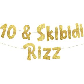 10 & Skibidi Rizz Gold Glitter Banner - عشرة لوازم حفلات عيد الميلاد والأفكار والهدايا والزخارف