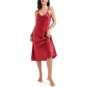 ALCEA ROSEA Women's V Neck Long Satin Slip Dress Adjustable Spaghetti Strap Midi Dress Silky Gown Nightdress Sleepwear AR3830